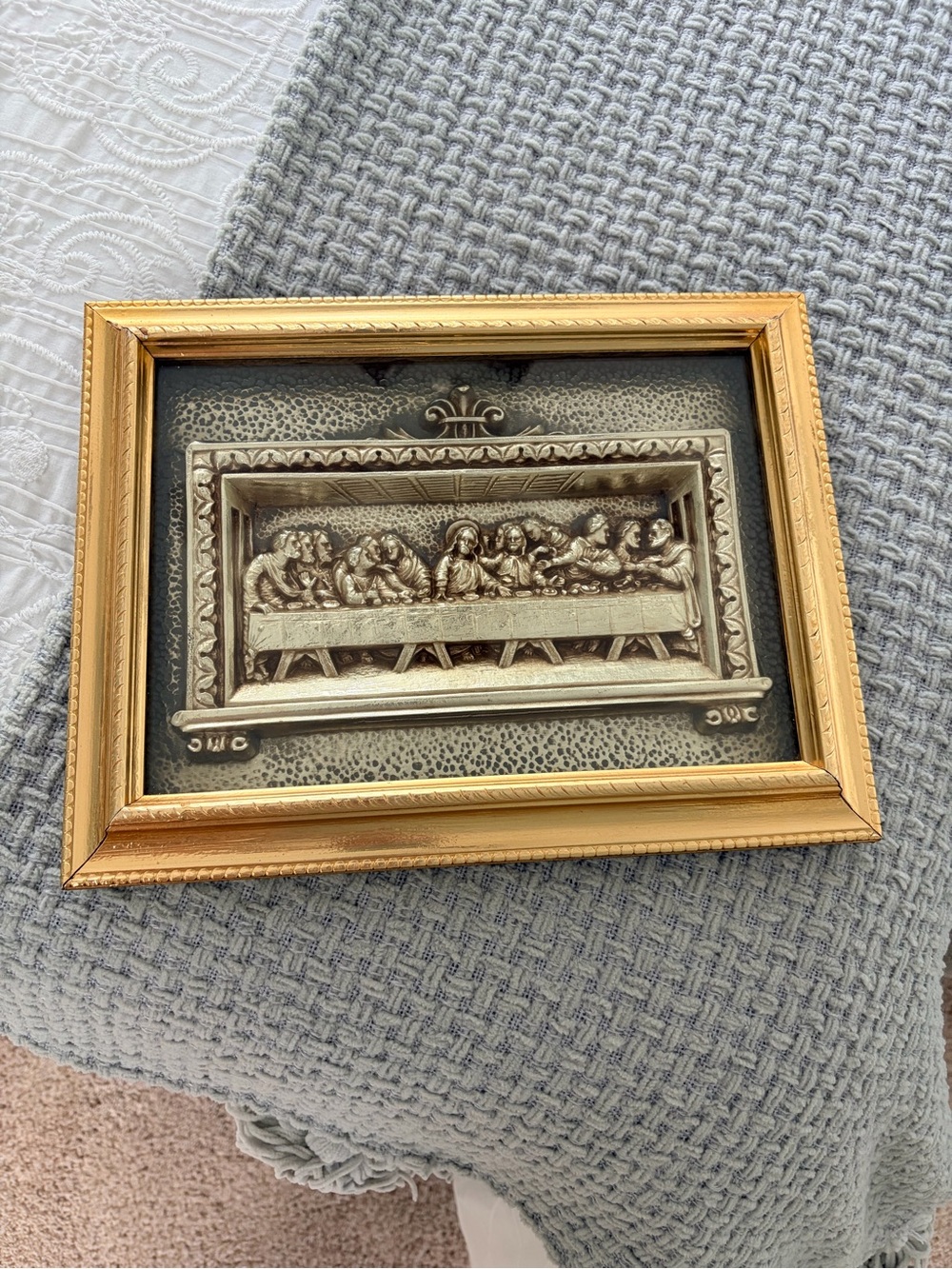 Vintage/Antique Gold Framed Decorative Last Supper Wall Art - 3D Metal Relief